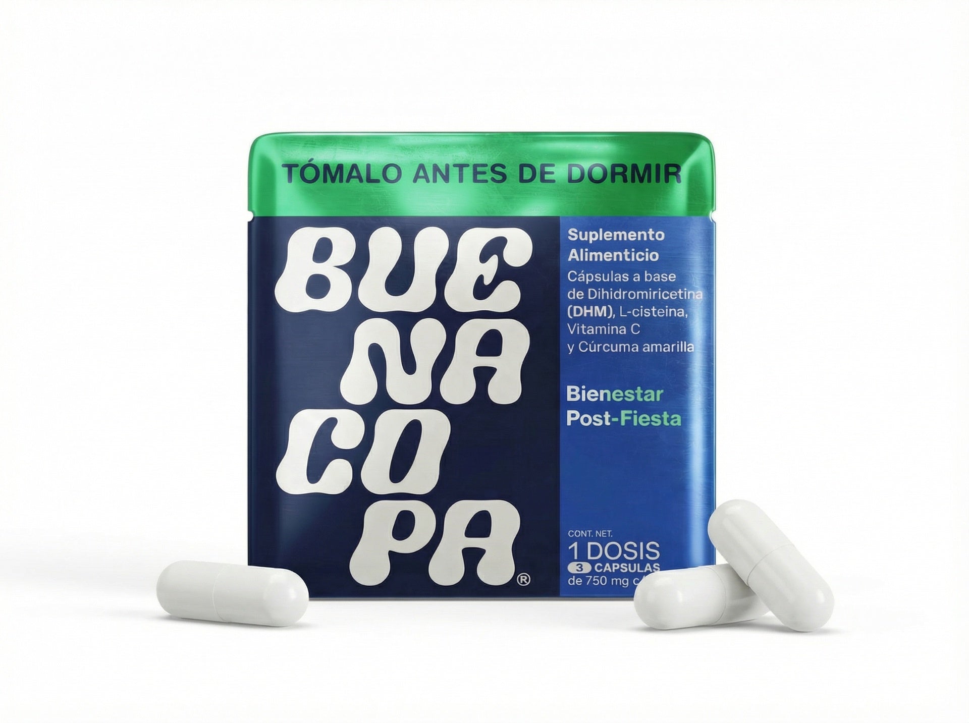 Tres cápsulas Buenacopa con un vaso de agua antes de dormir
